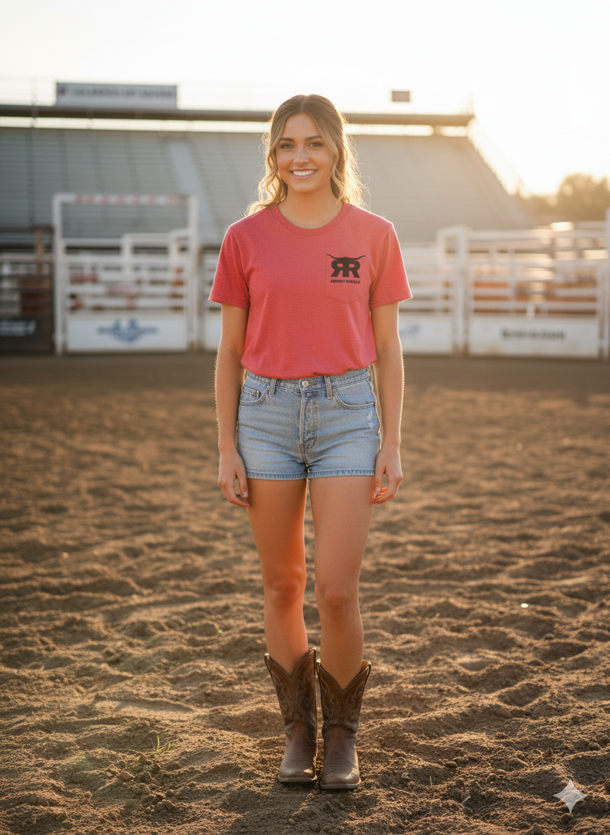 Rowdy Rowels Heritage Logo Tee | Premium Bella + Canvas 3001 Pocket & Back Graphic | Heather Red Western Rodeo Shirt