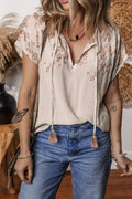 Geometric Embroidered Short Sleeve Tassel Tie Neck Blouse