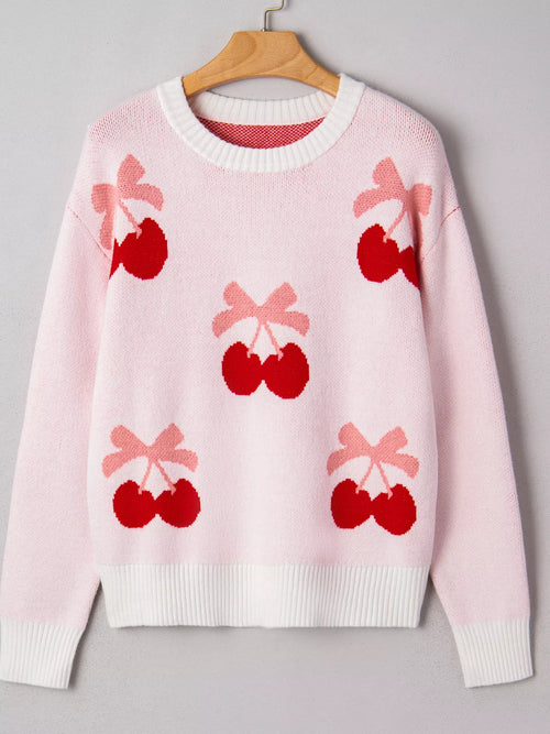 Cherry Pattern Drop Shoulder Sweater
