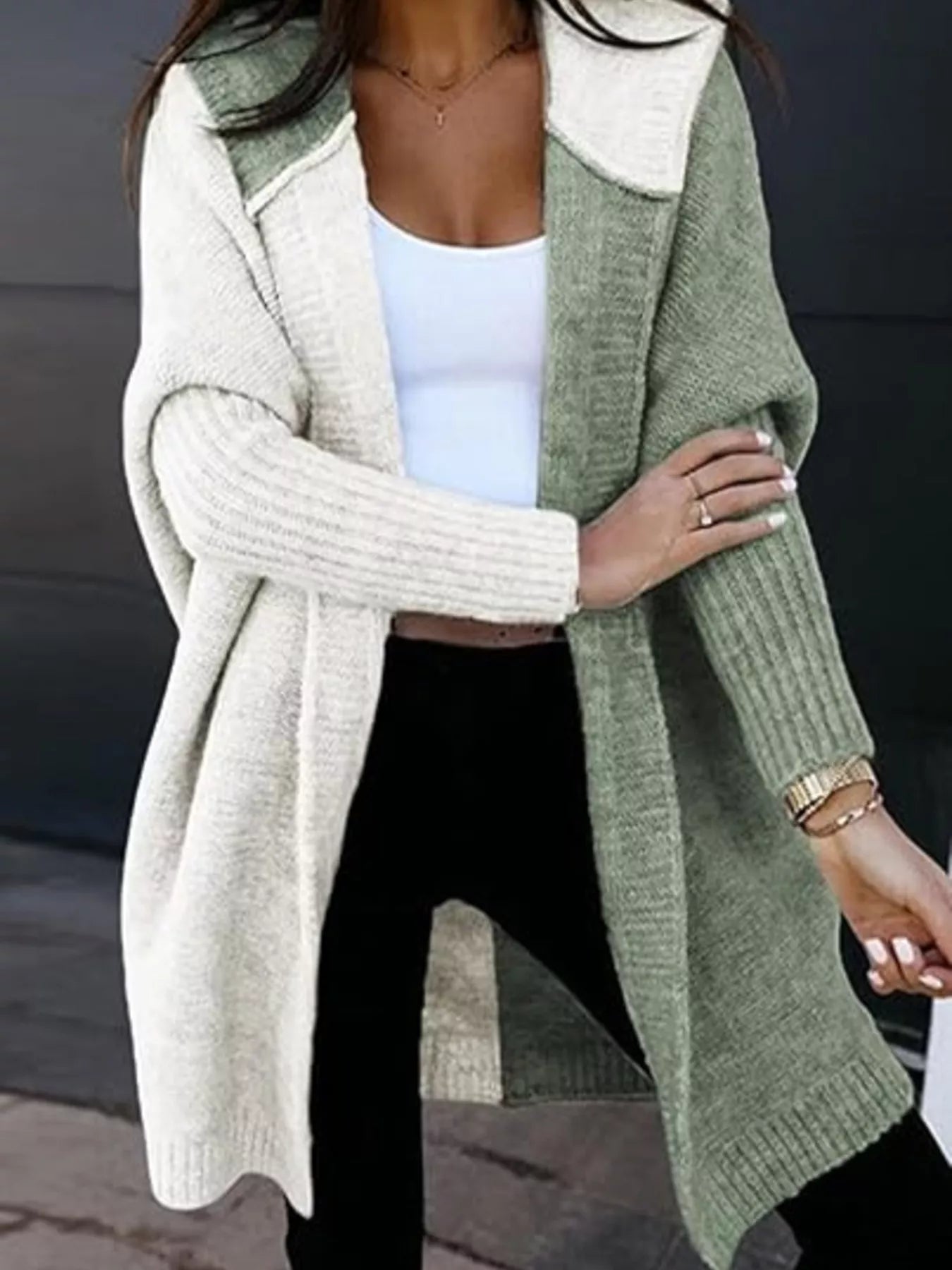 Two-Tone Open Front Knit Hooded Cardigan