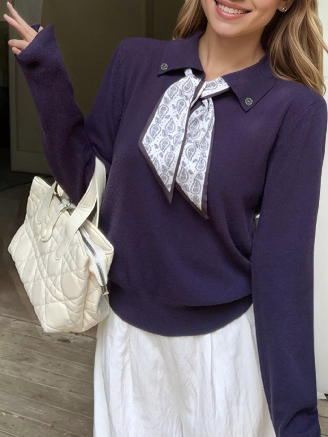 Scarf-Accented Long Sleeve Sweater