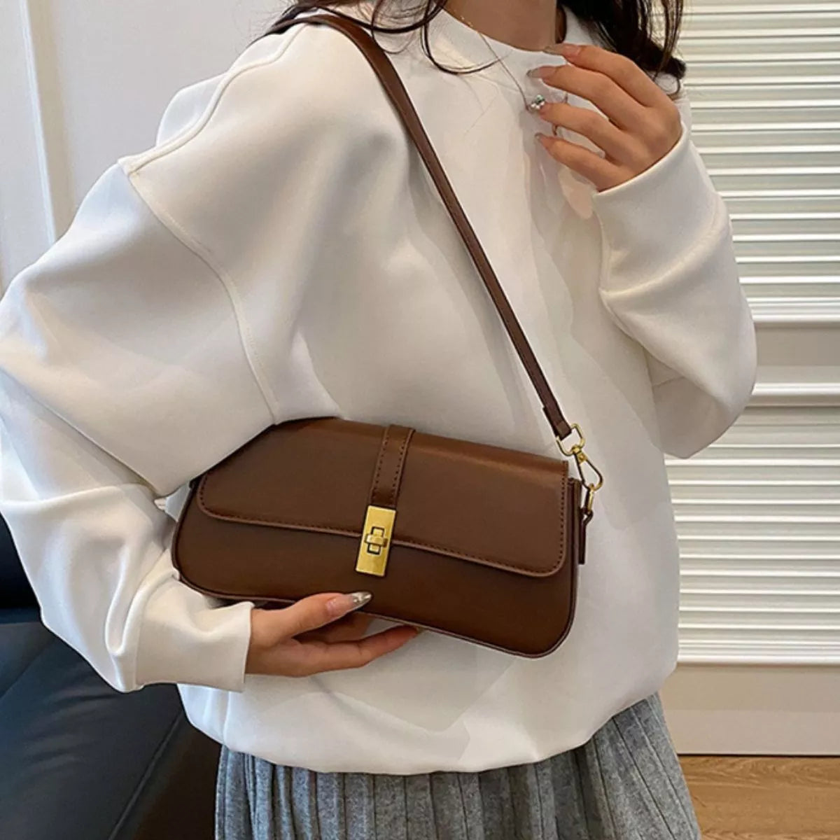 Rectangular Crossbody Bag with Golden Buckle