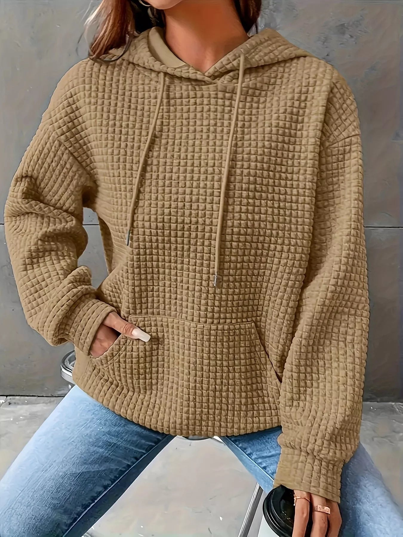 Textured Knit Drawstring Hoodie