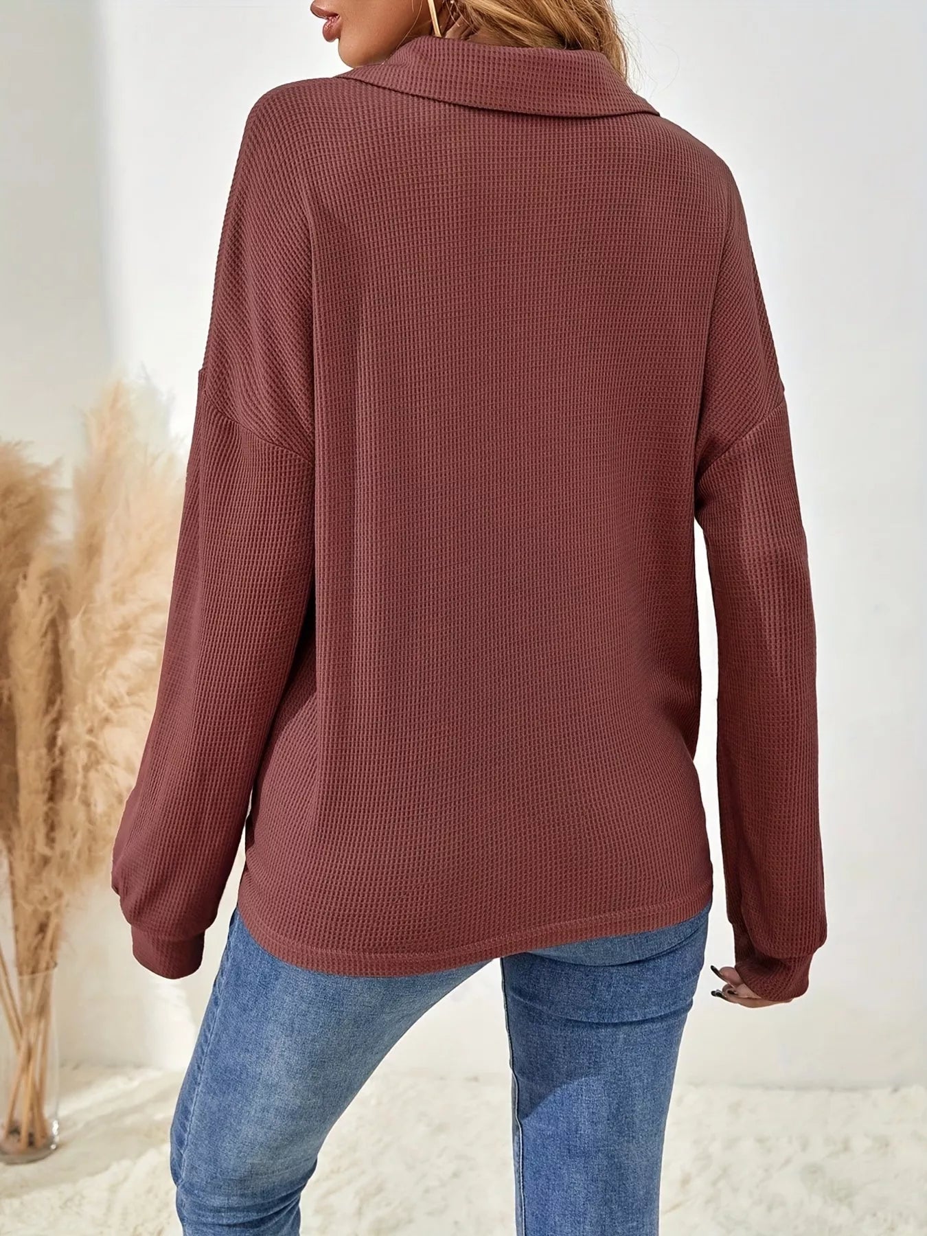 Button-Front Waffle Knit Polo Sweatshirt