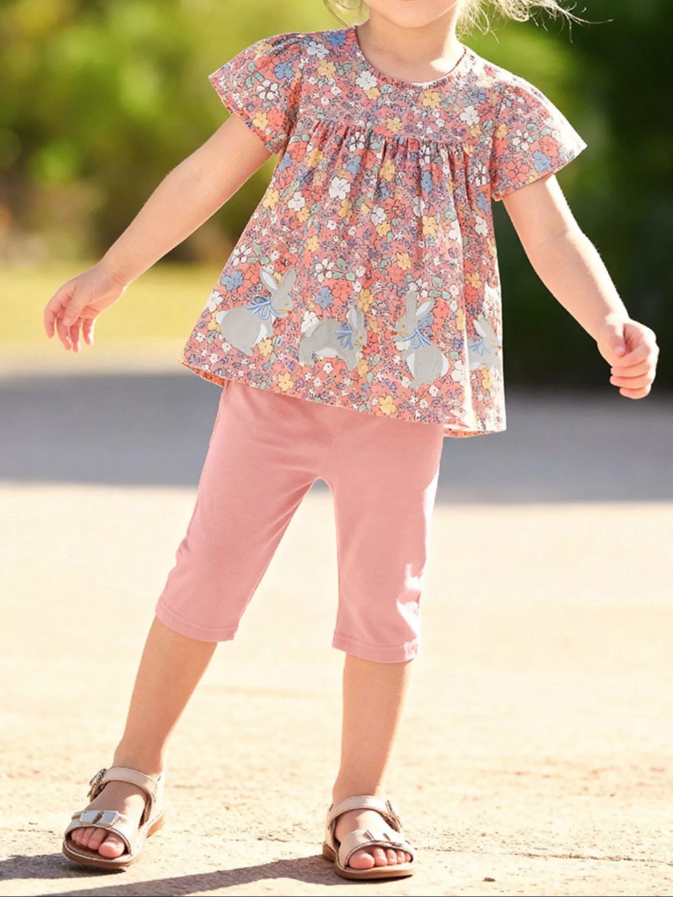 Children's Floral Bunny Print Top & Capri Leggings Set