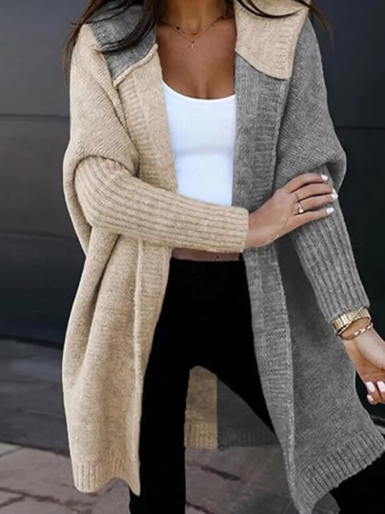 Two-Tone Open Front Knit Hooded Cardigan