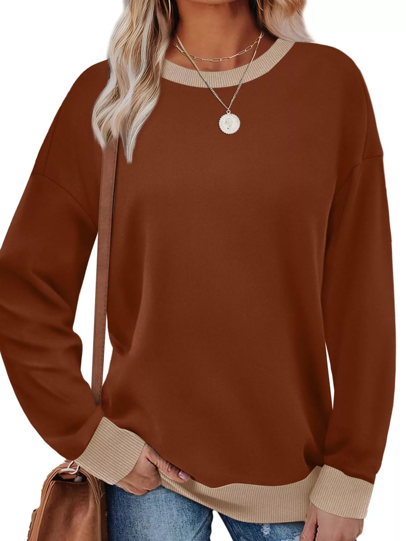 Contrast Trim Crew Neck Casual Sweatshirt