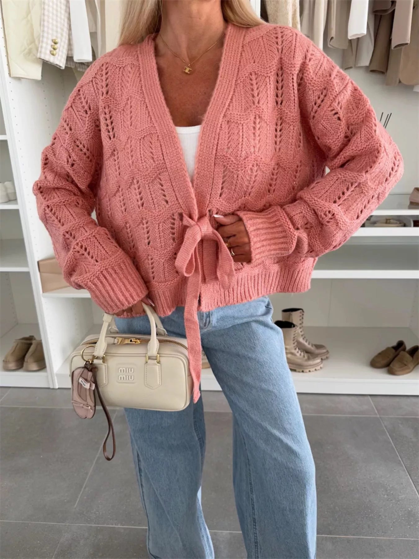 Tie-Front Openwork Cardigan