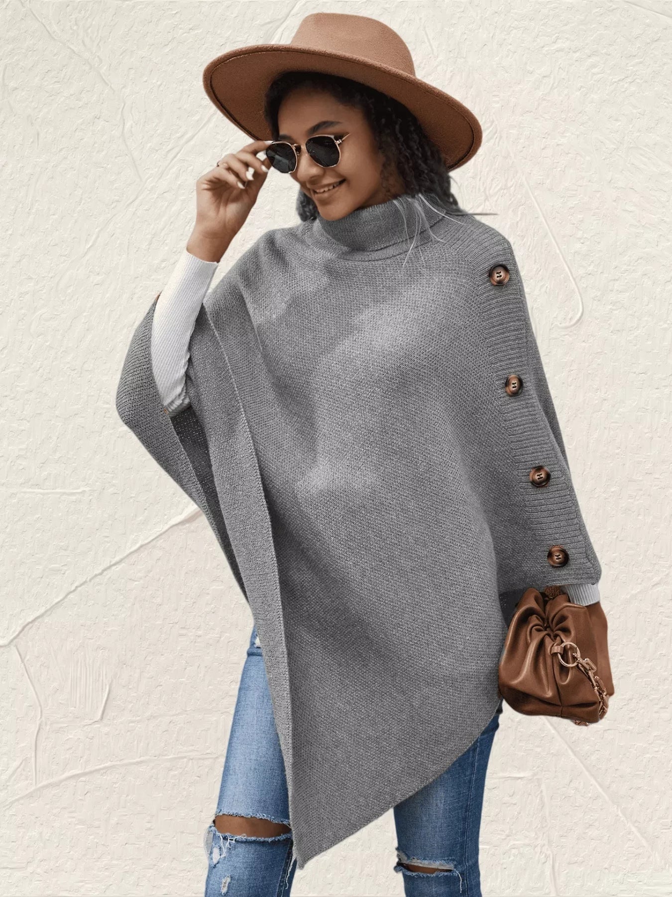 Button-Decor Turtleneck Poncho Pullover
