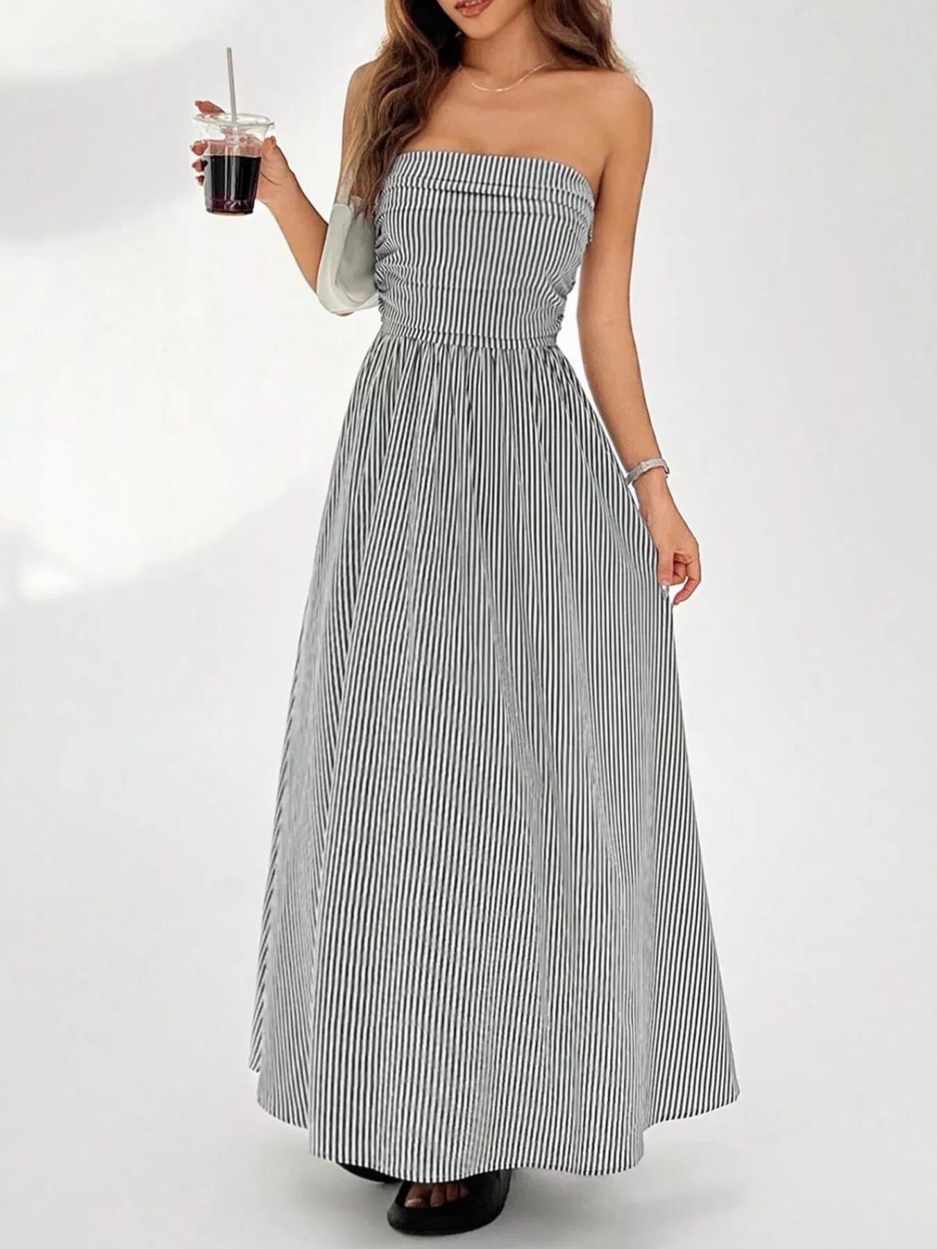 Striped Strapless Casual Maxi Dress