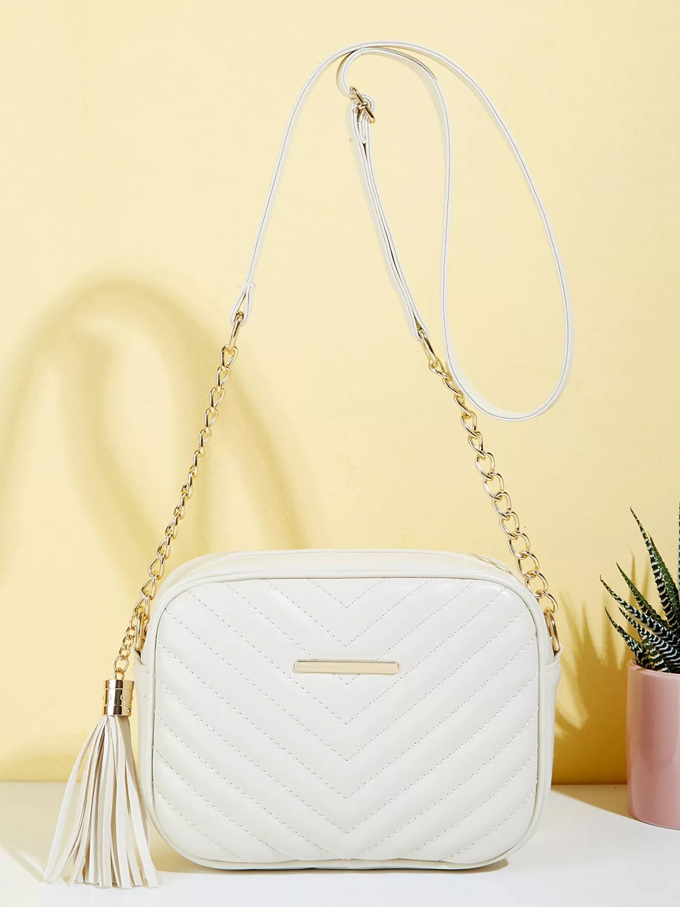Quilted PU Leather Crossbody Bag with Tassel