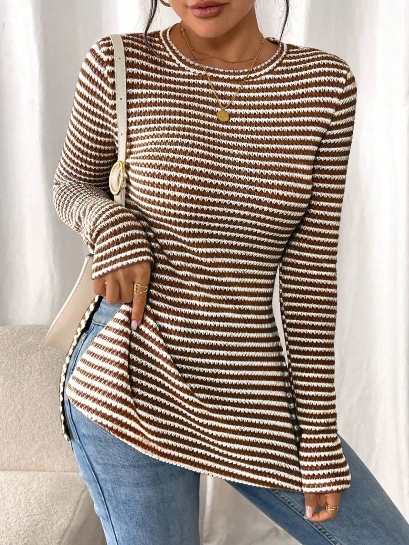 Slit Striped Long Sleeve Casual T-Shirt