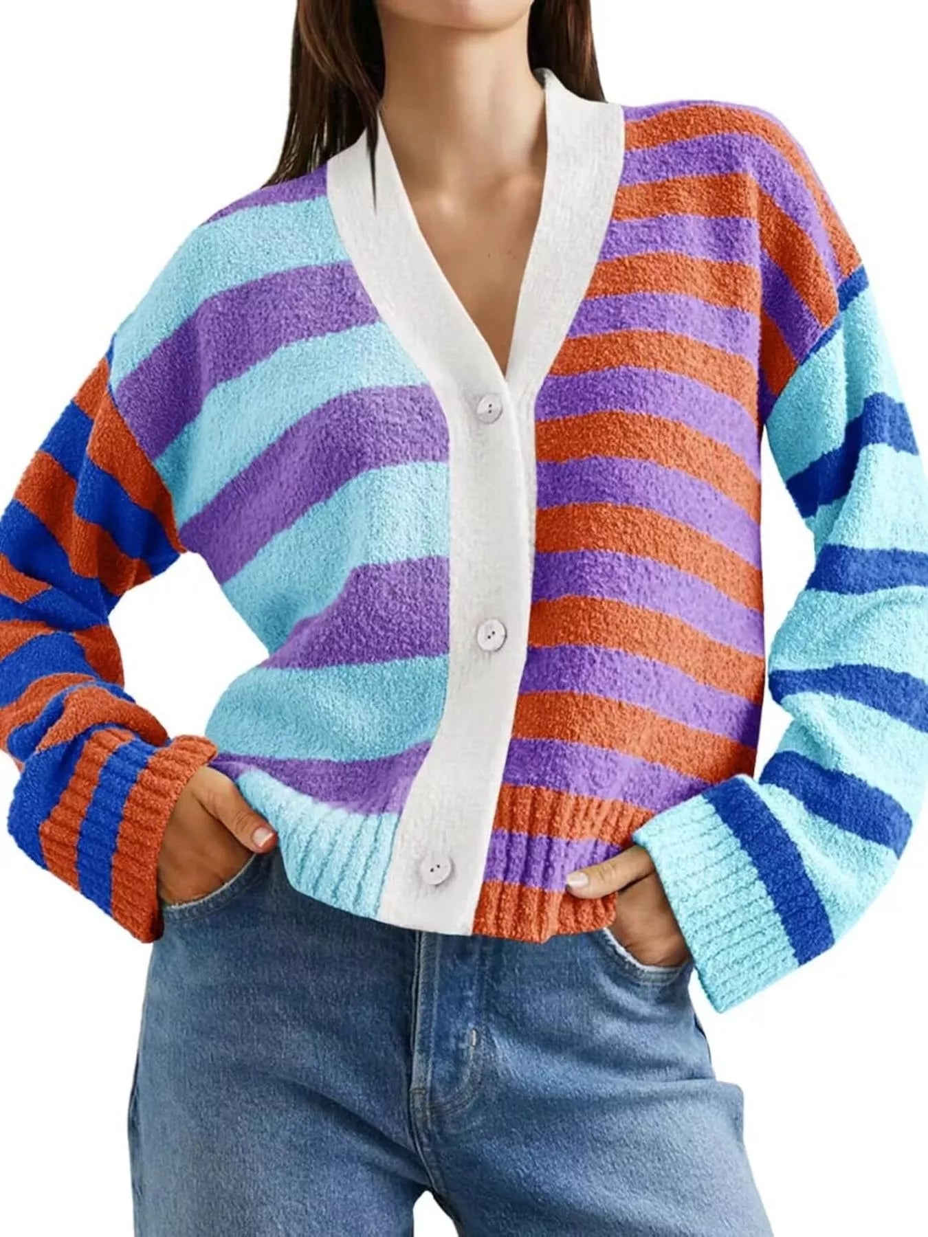 Striped Knit Button-Down Cardigan