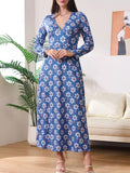 Floral Print V-Neck Long Sleeve Midi Dress