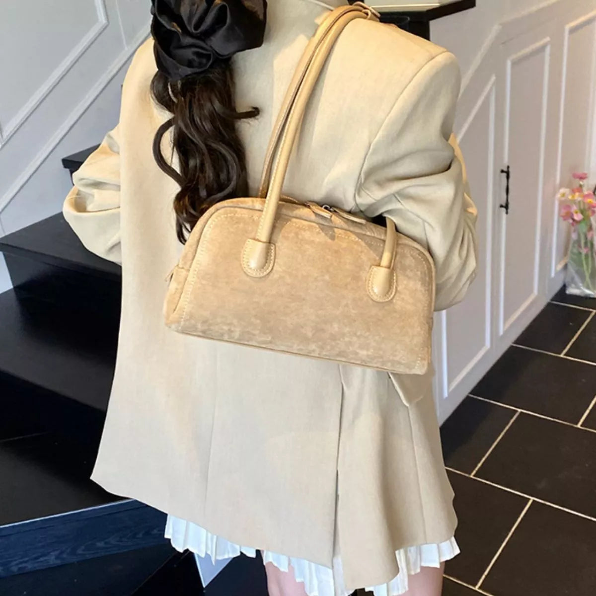 Velvet Shoulder Bag with Leather Strap