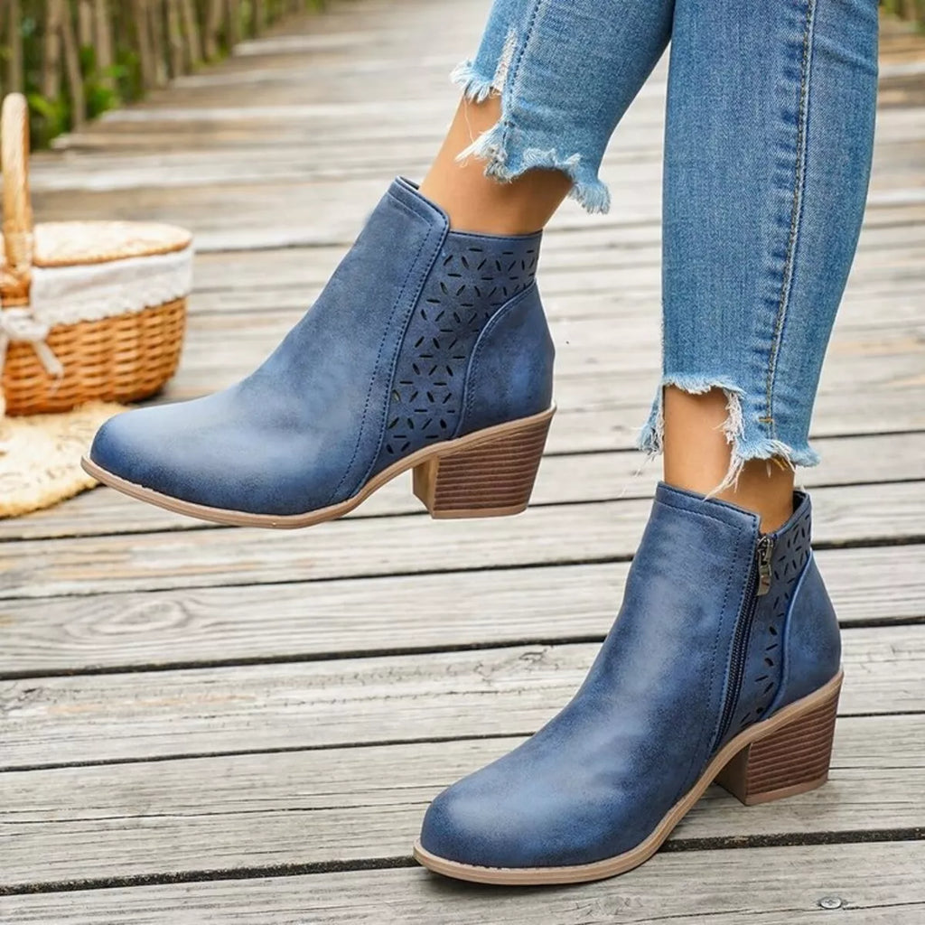 Block Heel Ankle Boots with Cutout Detail