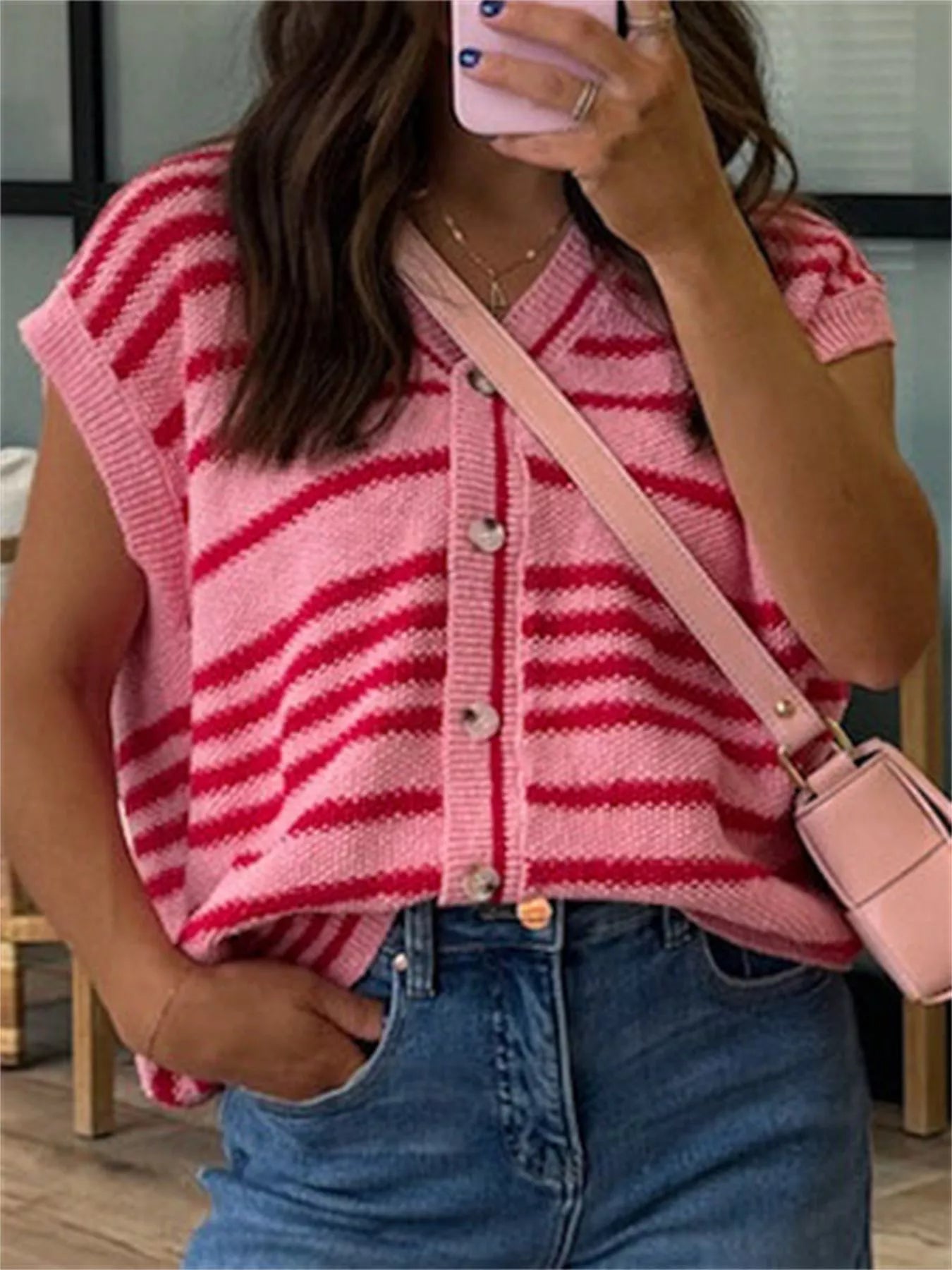 Striped Knit Button Up Cap Sleeve Cardigan
