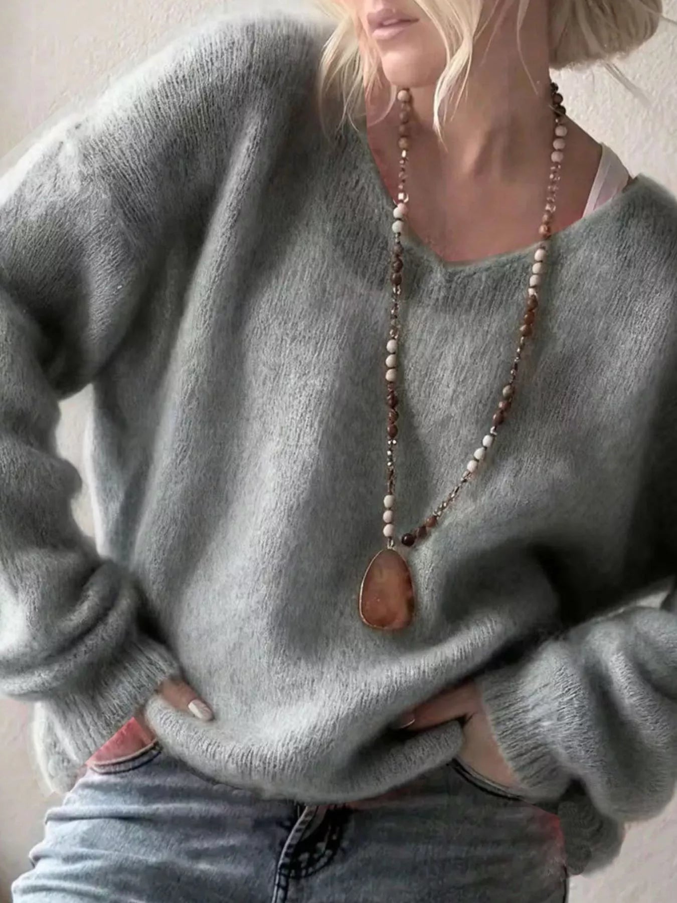 V-Neck Dropped Shoulder Sweater