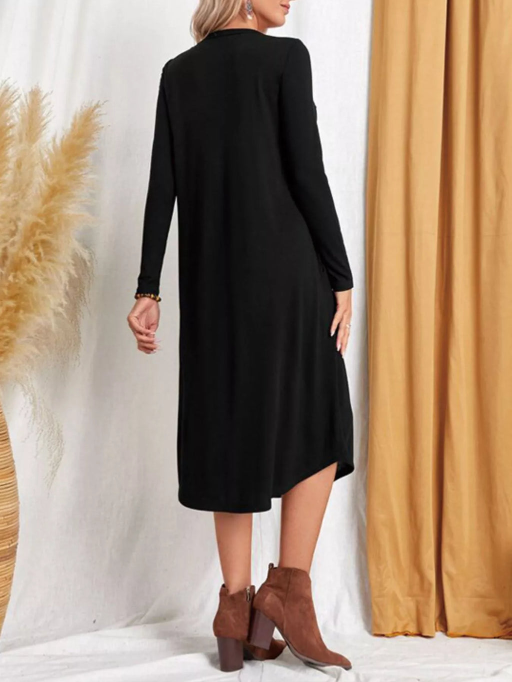 Casual Long Sleeve Pocket Midi Dress