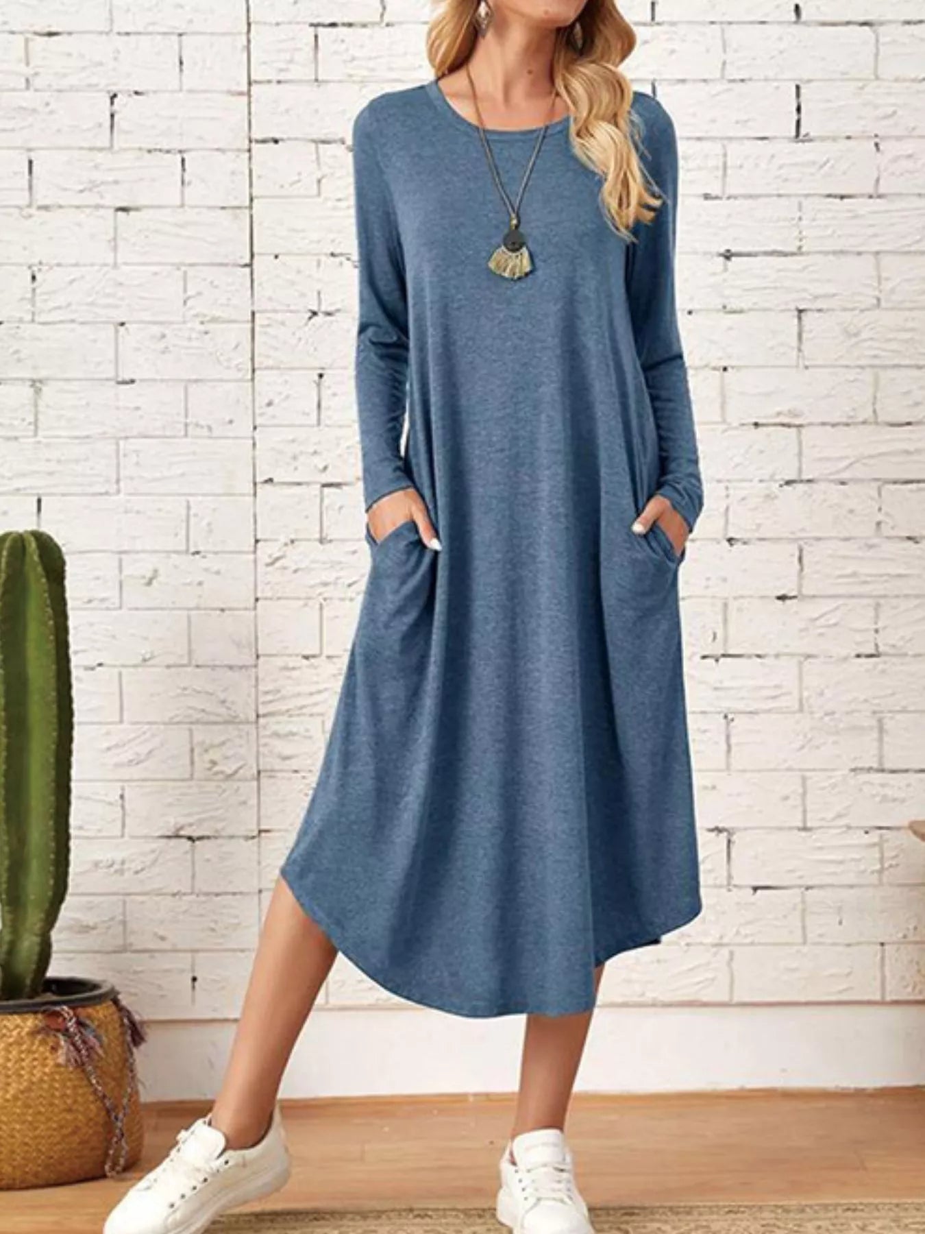 Casual Long Sleeve Pocket Midi Dress