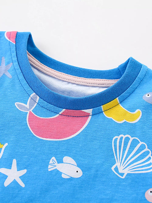 Children's Ocean Print Round Neck Top and Shorts Set