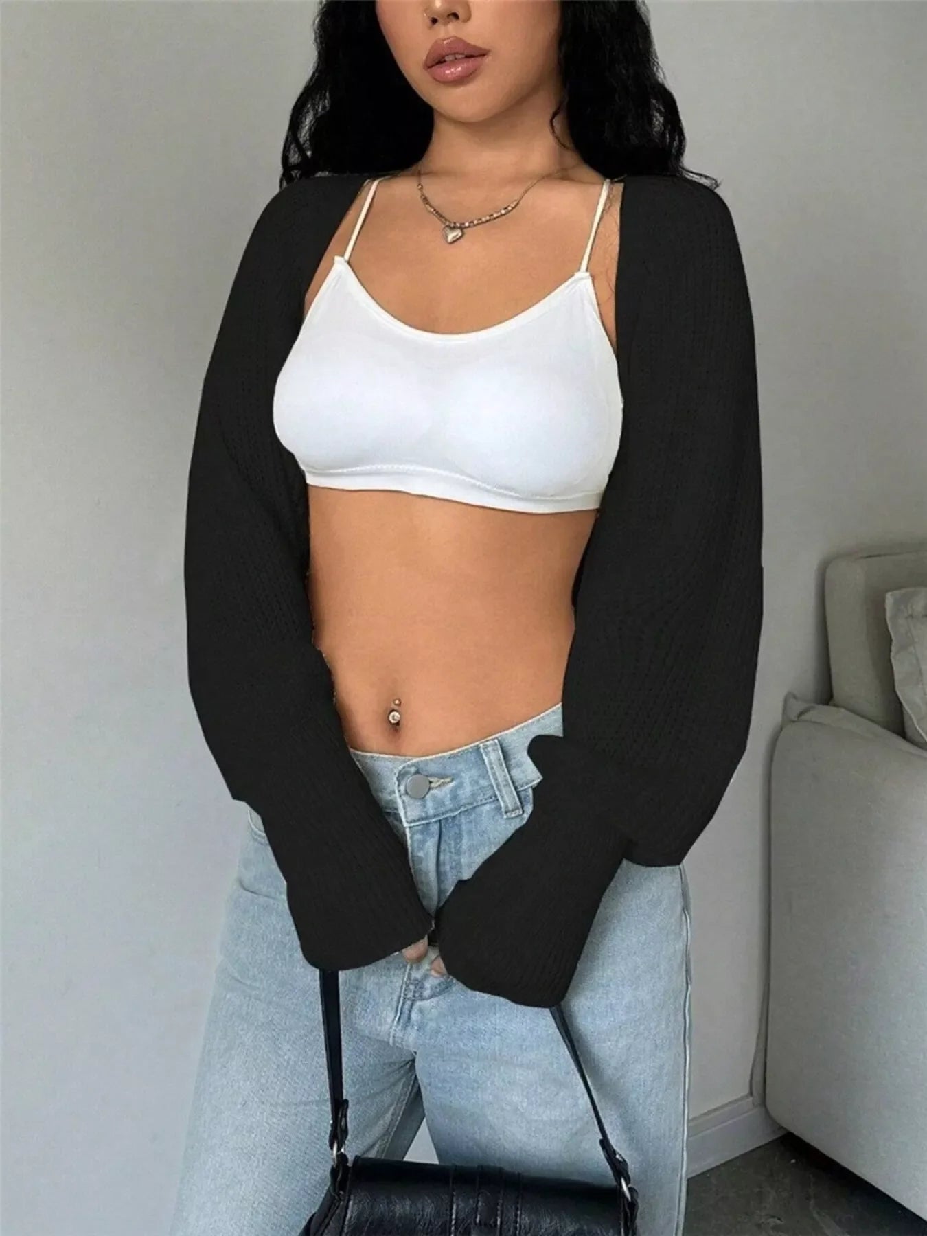 Cropped Knit Open Front Cardigan