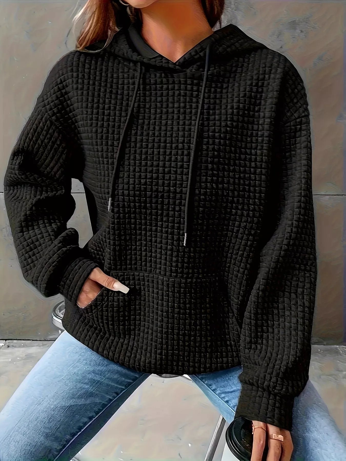 Textured Knit Drawstring Hoodie