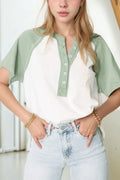 Color Block Raglan Short Sleeve Half Buttons High Low T Shirt