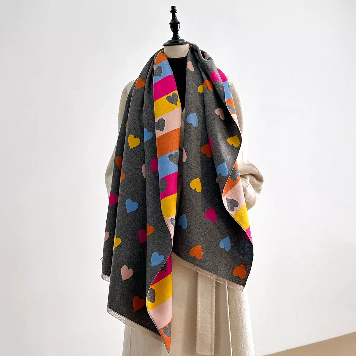 Heart Pattern Fringe Winter Scarf