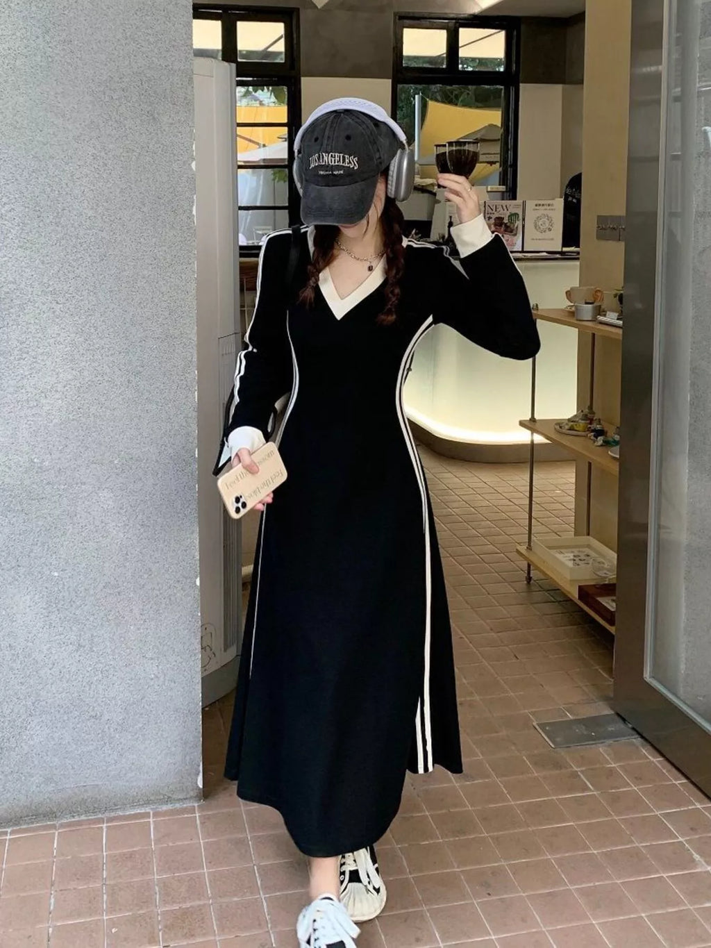 Plus Size V-Neck Long Sleeve Bodycon Midi Dress with Side Stripes