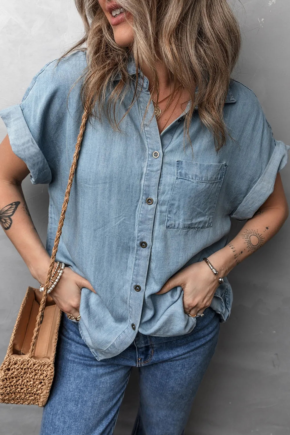 Folded Short Sleeve Patched Pocket Denim Shirt