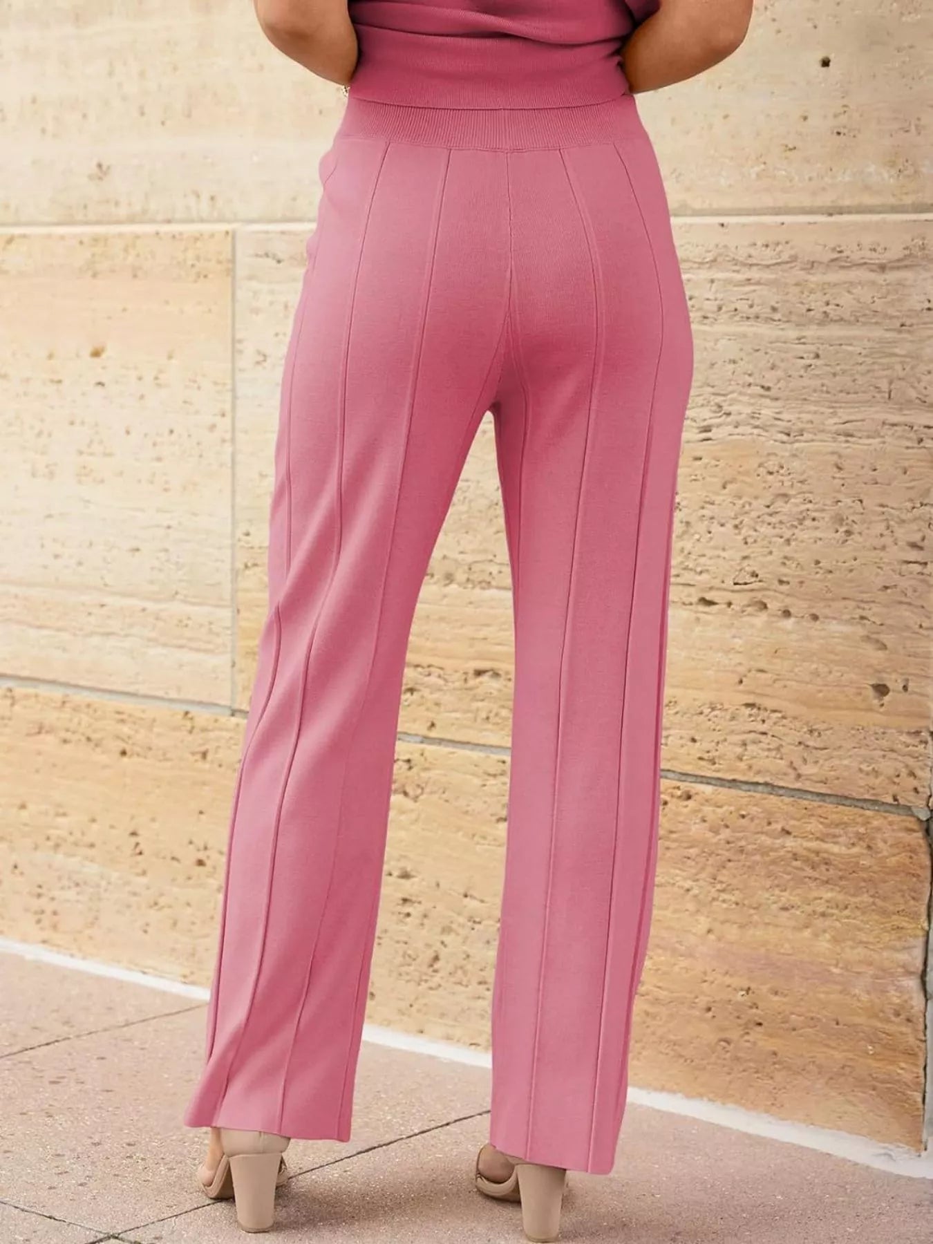 Casual Solid Color Cap Sleeve Top and Pants Knit Set