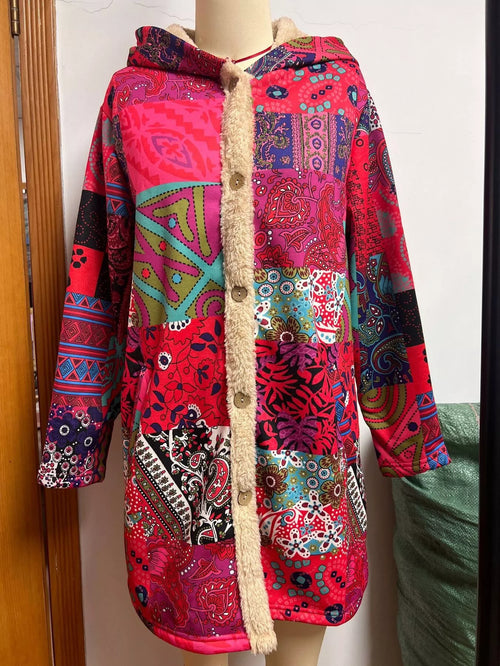 Bohemian Patchwork Fleece Lined Hooded Outerwear