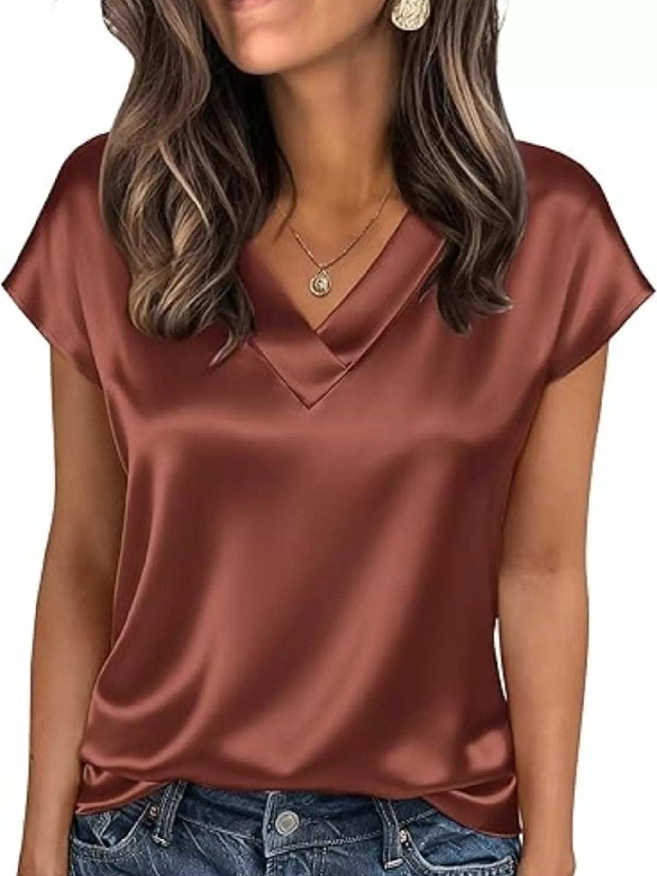 Satin V-Neck Short Sleeve Blouse