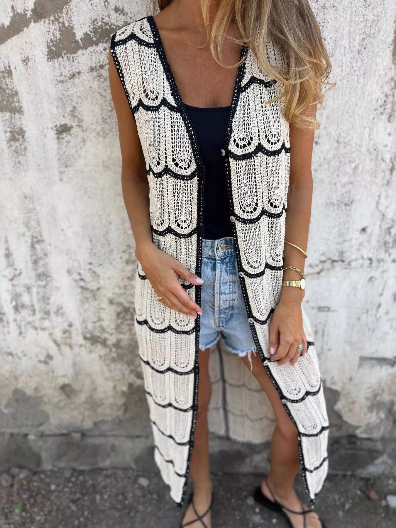 Sleeveless Crochet Longline Cardigan