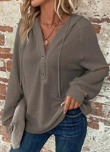 Waffle Knit Button Detail Hoodie