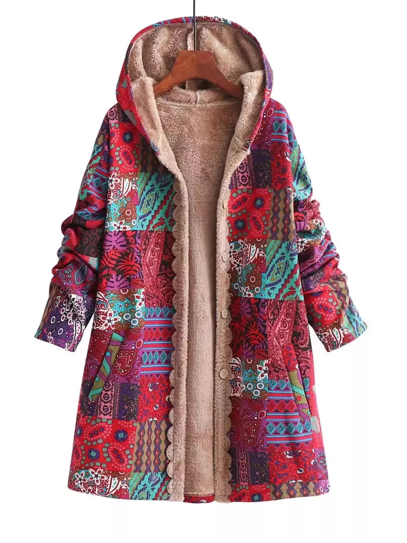 Bohemian Patchwork Fleece Lined Hooded Outerwear