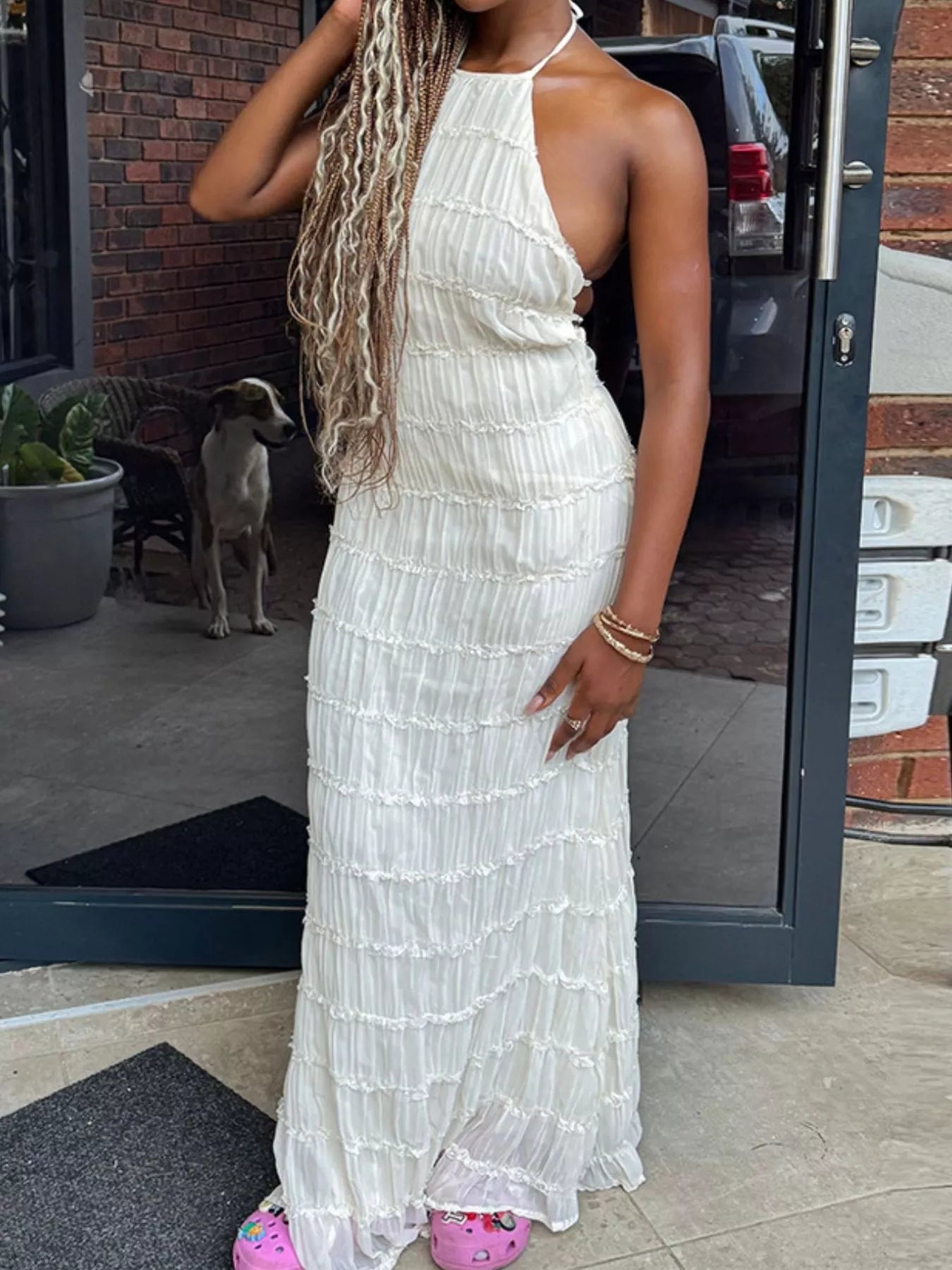 Ruched Halter Neck Maxi Dress
