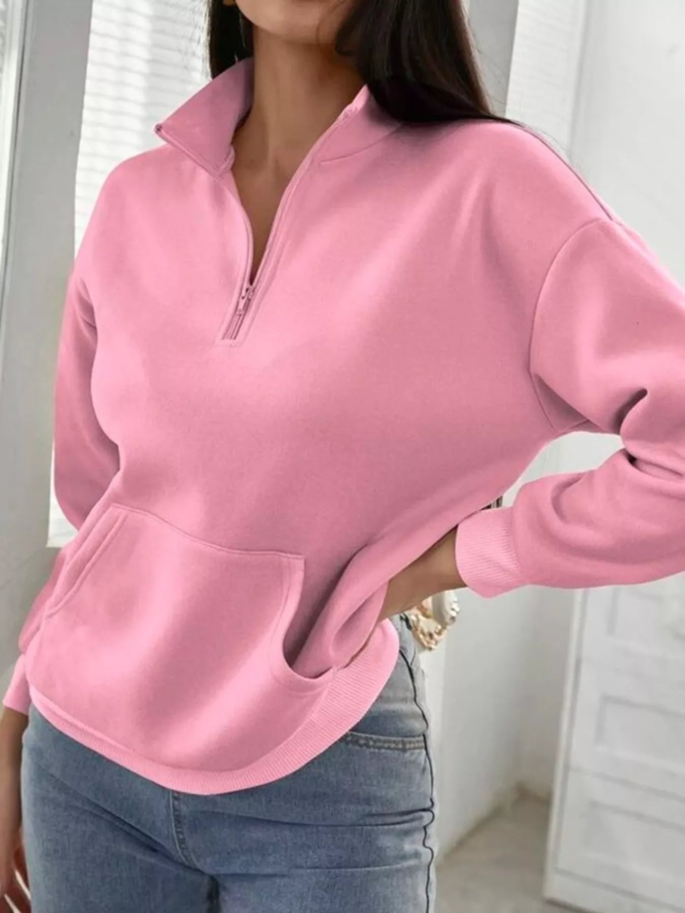 Zip-Up Collar Sweatshirt with Pocket