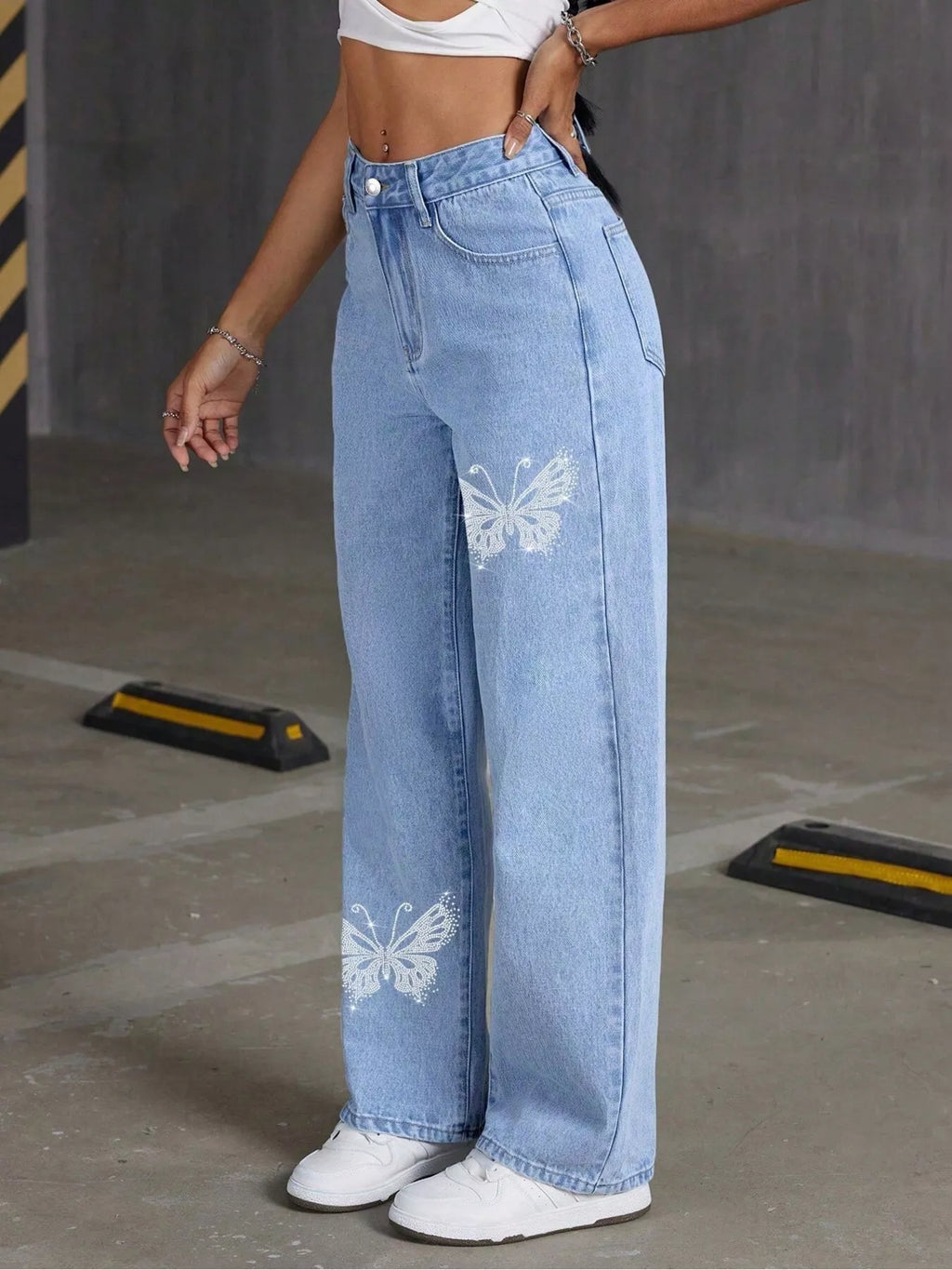 Butterfly Embellished Wide Leg Jeans