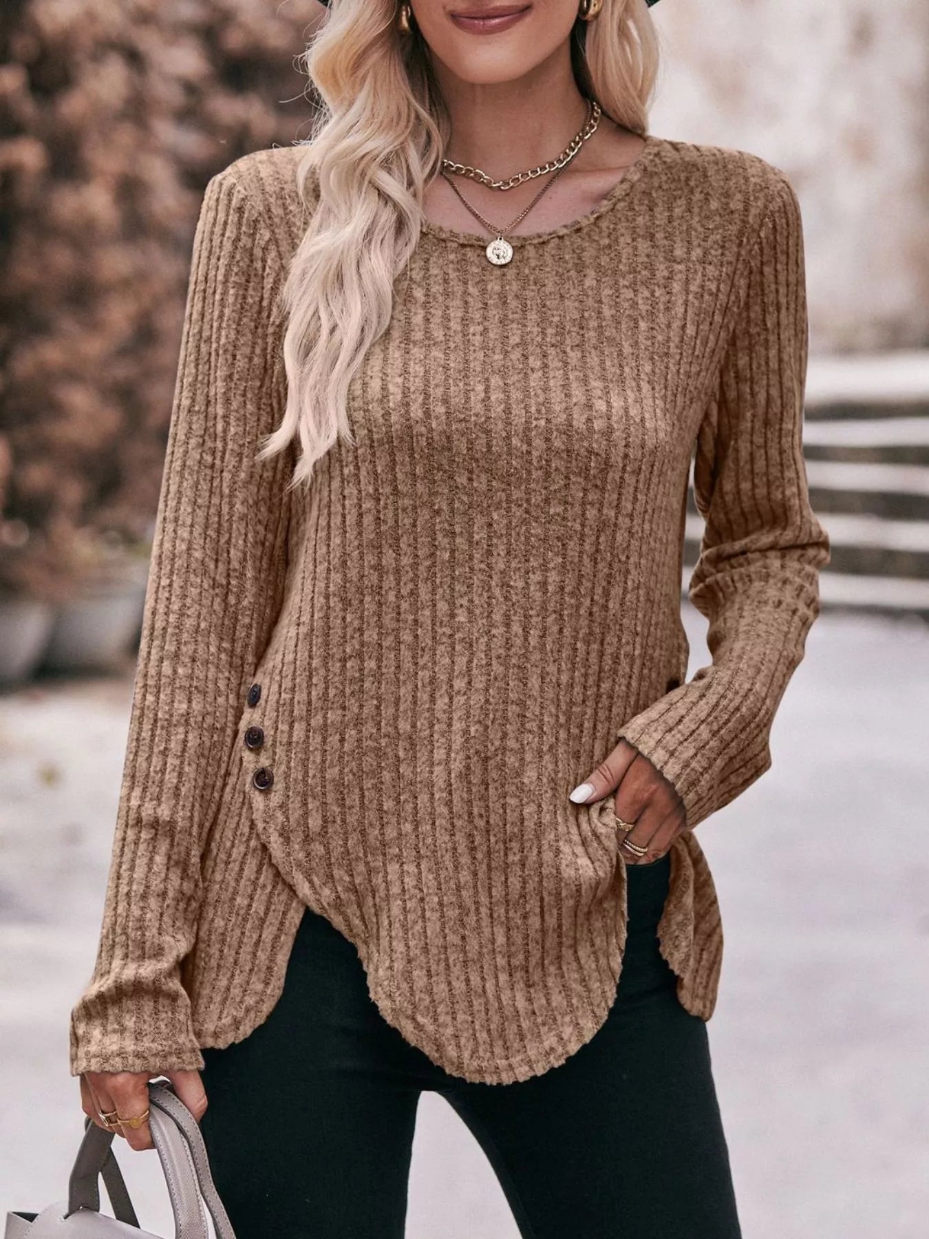 Ribbed Knit Long Sleeve T-Shirt