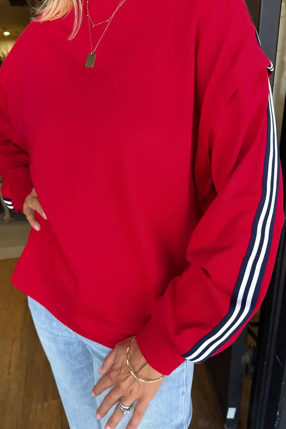 Contrast Striped Detail Varsity Sweatshirt