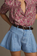 Pleated Patchwork Panel Lightweight Denim Shorts