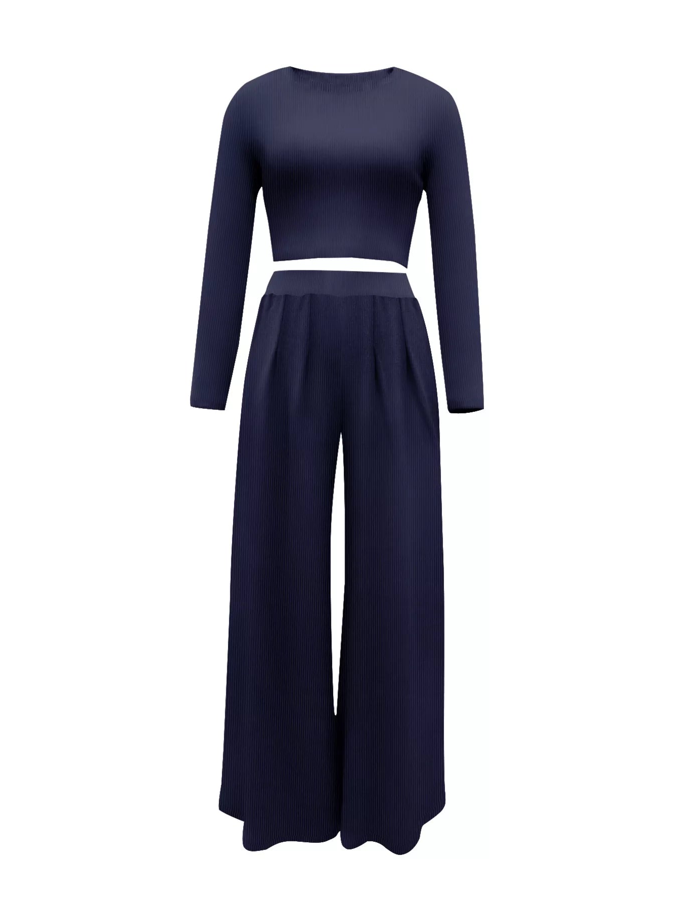 Casual Long Sleeve Crop Top and Wide Leg Pants Set