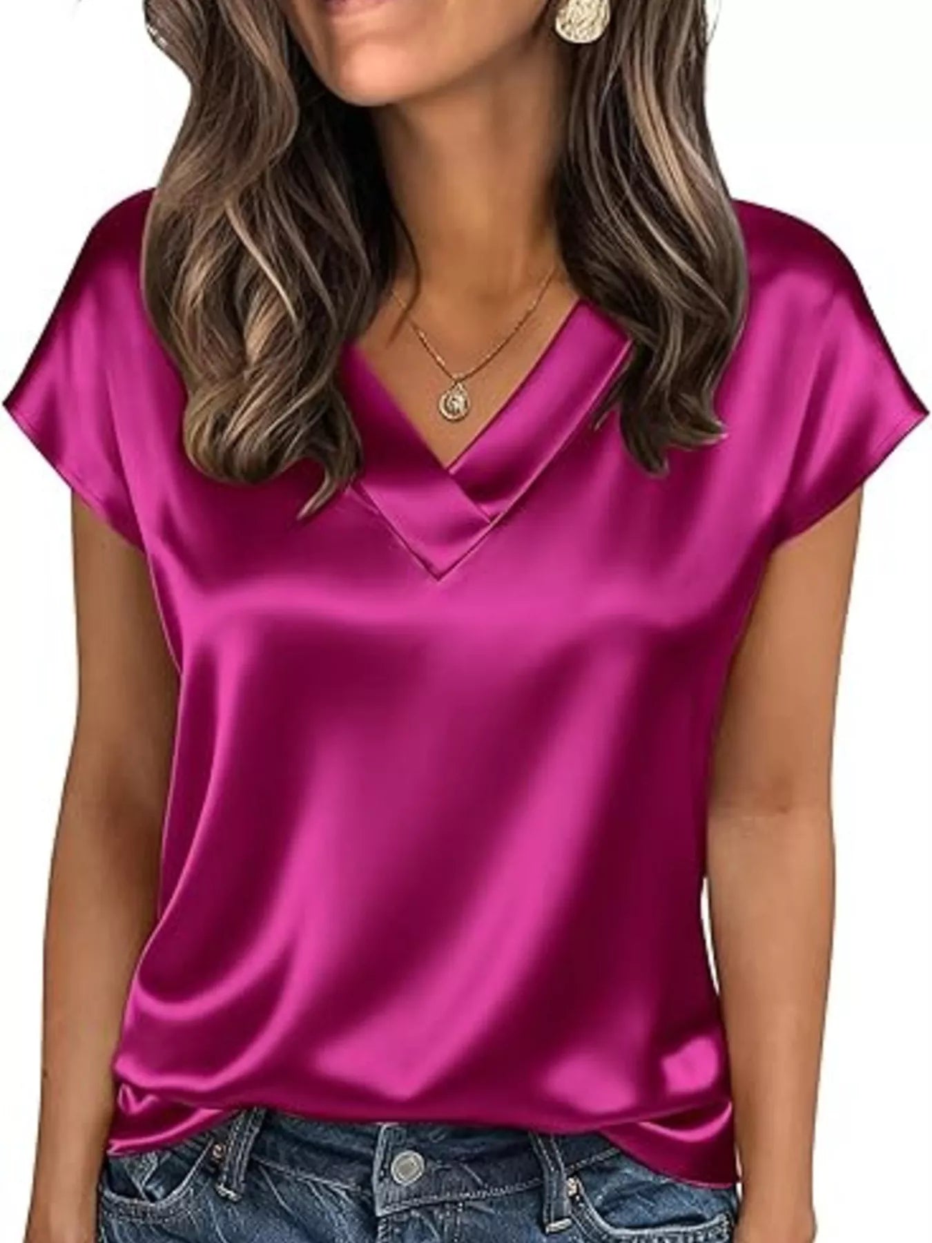 Satin V-Neck Short Sleeve Blouse