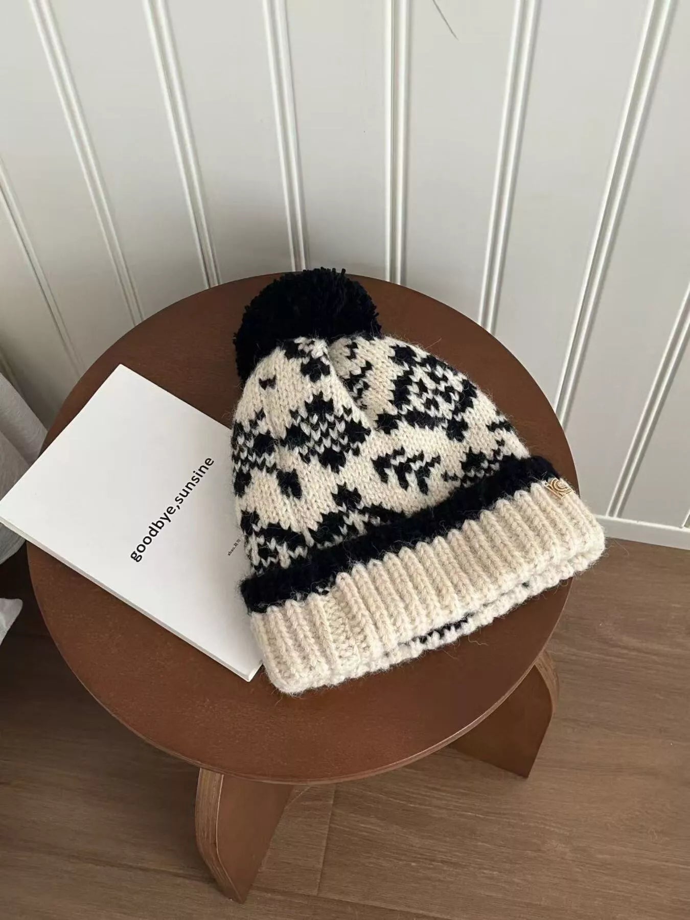 Snowflake Knitted Beanie Hat with Pom Pom