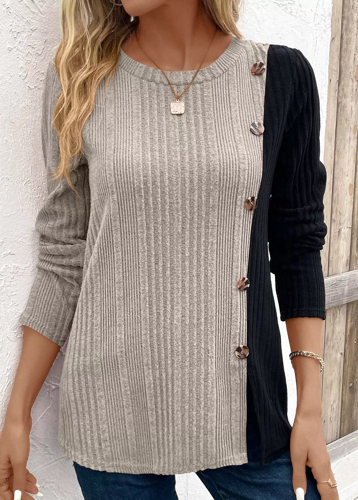 Color Block Ribbed Knit Decor Button T-Shirt