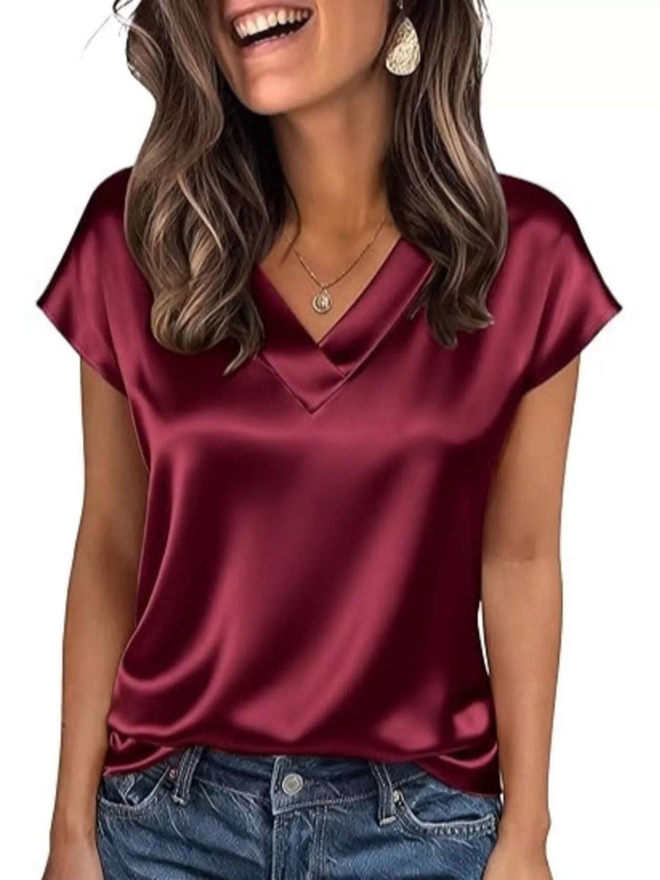 Satin V-Neck Short Sleeve Blouse