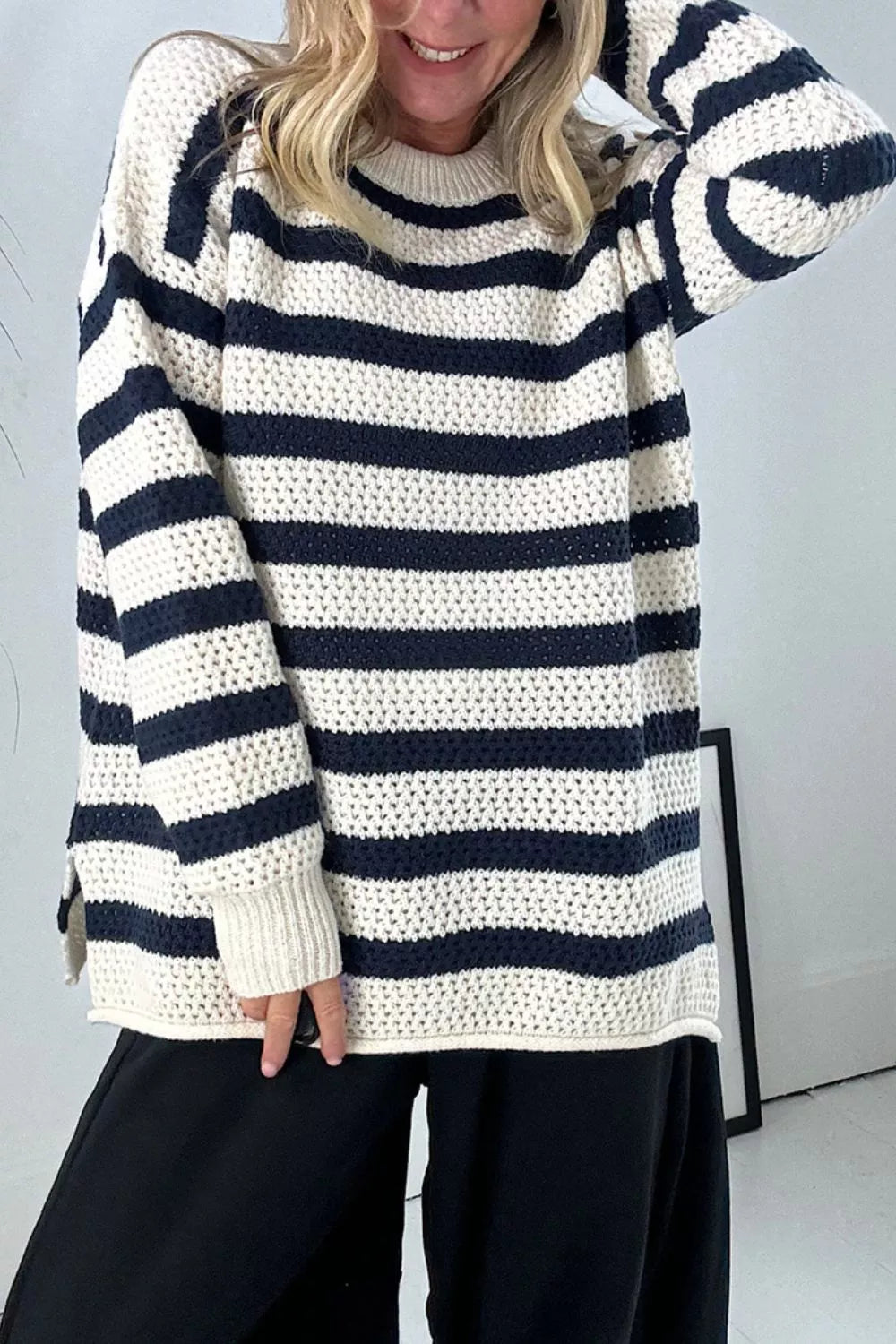 Striped Knit Dropped Shoulder Sweater