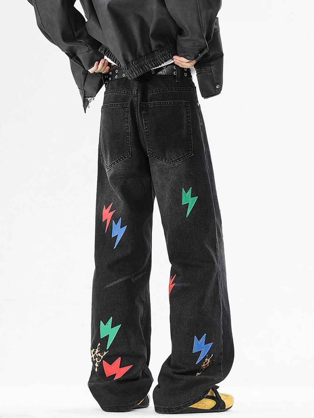 Men's Full Size Lightning Bolt Print Wide Leg Jeans Plus Size